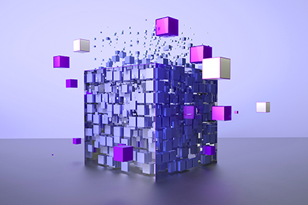 Digital generated image of different size cubes connecting with other and forming big net cubic shape on purple background visualising technology and blockchain.