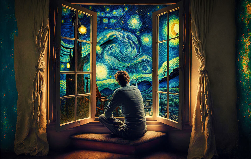 A person stares out a window at the painting starry night, the banner image for AI to Generate Images