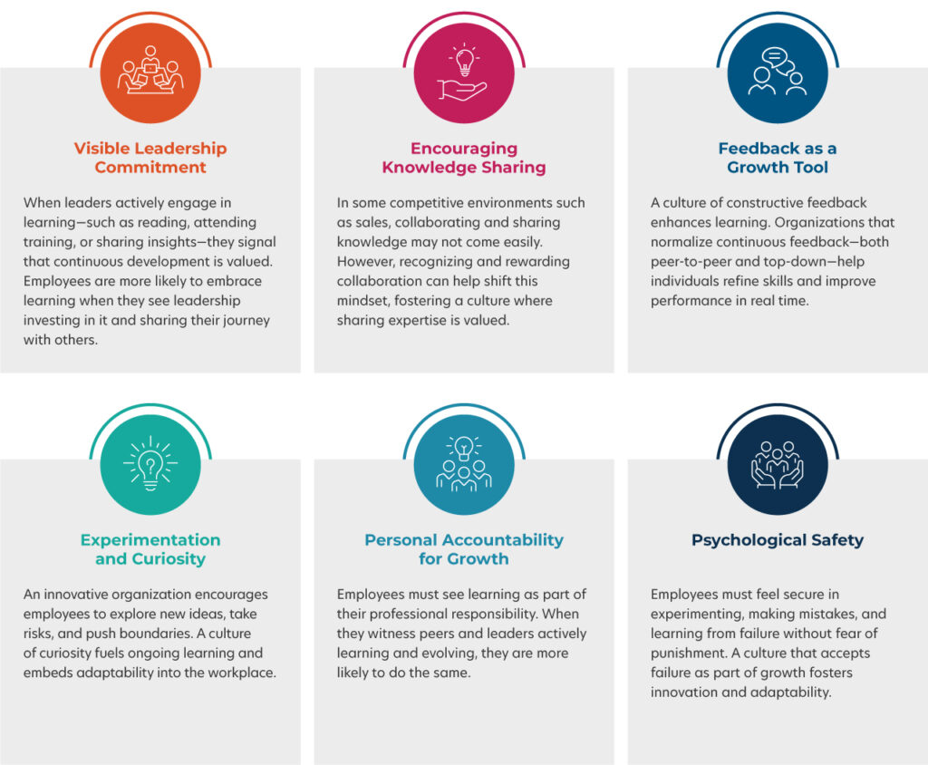 •	Visible leadership commitment: When leaders actively engage in learning—such as reading, attending training, or sharing insights—they signal that continuous development is valued. Employees are more likely to embrace learning when they see leadership investing in it and sharing their journey with others.
•	Encouraging knowledge sharing: In some competitive environments such as sales, collaborating and sharing knowledge may not come easily. However, recognizing and rewarding collaboration can help shift this mindset, fostering a culture where sharing expertise is valued.
•	Feedback as a growth tool: A culture of constructive feedback enhances learning. Organizations that normalize continuous feedback—both peer-to-peer and top-down—help individuals refine skills and improve performance in real time.
•	Experimentation and curiosity: An innovative organization encourages employees to explore new ideas, take risks, and push boundaries. A culture of curiosity fuels ongoing learning and embeds adaptability into the workplace.
•	Personal accountability for growth: Employees must see learning as part of their professional responsibility. When they witness peers and leaders actively learning and evolving, they are more likely to do the same.
•	Psychological safety: Employees must feel secure in experimenting, making mistakes, and learning from failure without fear of punishment. A culture that accepts failure as part of growth fosters innovation and adaptability.