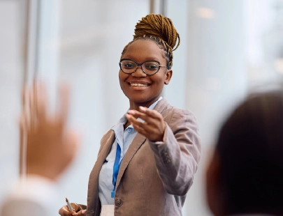 Infographic title - young woman smiling