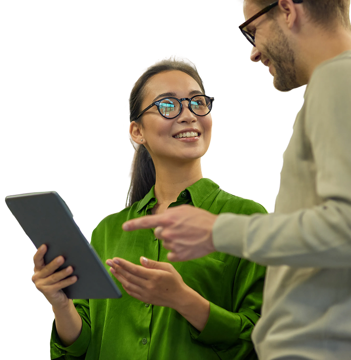 Woman and man looking at tablet