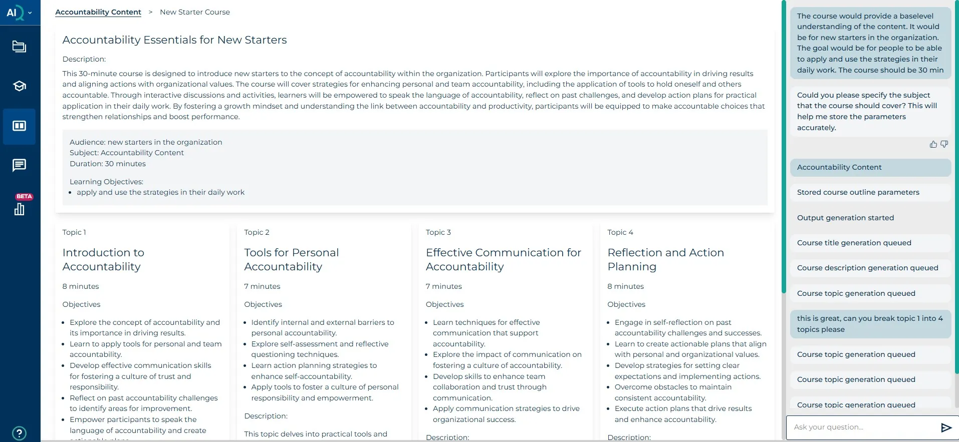 An example of the AI course creator Learning Content AIQ creating a course outline for accountability. It includes multiple topics with learning objectives and descriptions as a starting point.