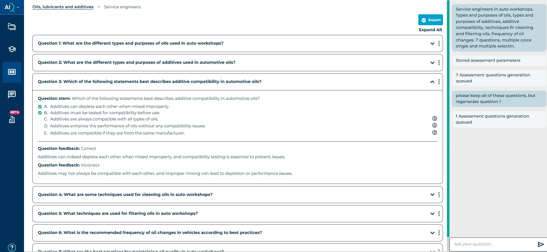 An example of the AI course creator Learning Content AIQ creating an assessment for oils, lubricants, and additives. It created five questions as a starting point where users can refine further, add and edit questions, and more.