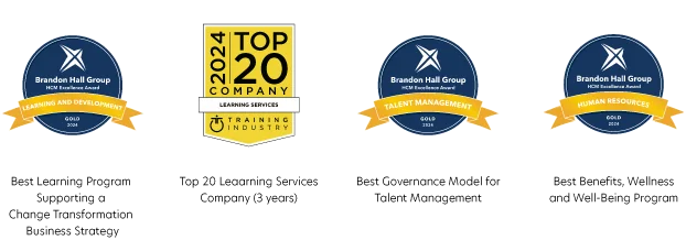 Visual representation of the Brandon Hall Group awards, top 20 U.S. companies, detailing their positions in the market and industry sectors.